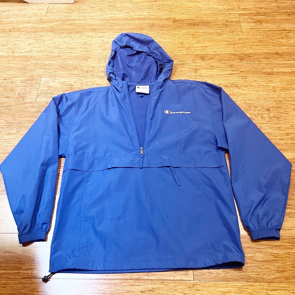 Champion Blue Hooded Windbreaker Water Resistant Pullover Jacket. Men's Medium